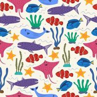 Seamless pattern illustration of colorful sea life creature underwater world inhabitants. Childish simple backdrop for fabric, textile, paper, wallpaper, wrapping, poster and print design. Vector