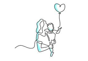 Continuous one line drawing of young mother hold her baby with air balloons shaped as heart. Happy Mother day card. Family parenthood concept. Character mom with a kid. Vector illustration