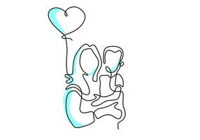 Continuous one line drawing of young mother hold her baby with air balloons shaped as heart. Happy Mother day card. Family parenthood concept. Character mom with a kid. Vector illustration