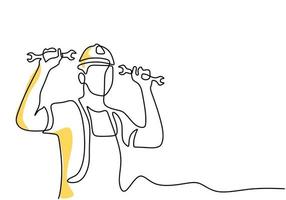 One continuous single line drawing of young man mechanic wearing hard hat and holding wrench set. Professional work job occupation minimalist concept. Happy Labour Day. Vector illustration