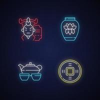 Asia neon light icons set vector