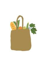 Bolsa ecológica con verduras, frutas y pan para una vida ecológica, concepto de cero residuos, ilustración vectorial vector