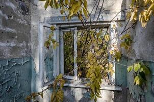 Vista desde la ventana de una casa abandonada abandonada en Ucrania