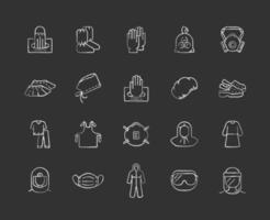 Medical PPE chalk white icons set on black background vector