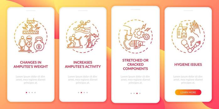 Prosthesis renewal conditions onboarding mobile app page screen with concepts vector