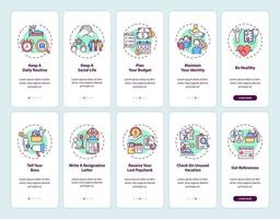 Job transition onboarding mobile app page screen set with concepts vector