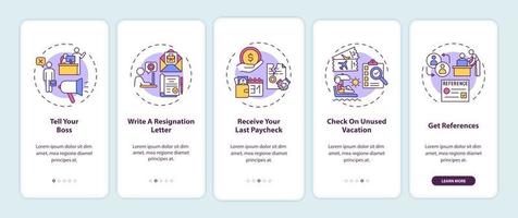Resignation checklist onboarding mobile app page screen with concepts vector