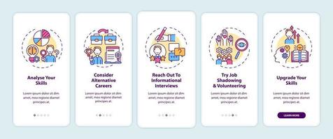 Career change steps onboarding mobile app page screen with concepts vector