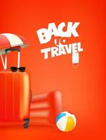 Red travel bag with beach umbrella sunglasses beach ball and air mattress vector