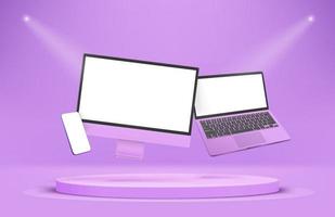 Modern violet smartphone laptop and desktop computer with blank screens vector