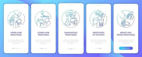 Prosthetic device types onboarding mobile app page screen with concepts vector