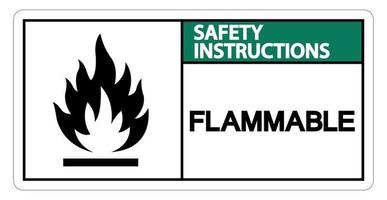 Instrucciones de seguridad signo símbolo inflamable sobre fondo blanco.