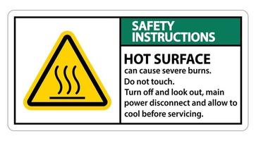 Instrucciones de seguridad signo de superficie caliente sobre fondo blanco. vector