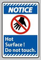 Señal de aviso superficie caliente no tocar sobre fondo blanco. vector