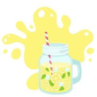 Bebida detox con rodajas de limón, cubitos de hielo y menta en frasco vector