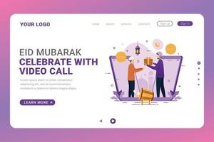 plantilla de página de destino eid mubarak celebrar con ilustración de vector de videollamada