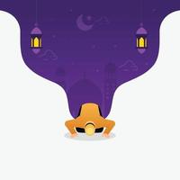 Muslim people praying in traditional clothing with ramadan celebration vector