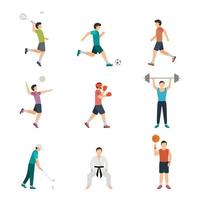 Conjunto de iconos planos de personas deportivas con hombres haciendo diferentes tipos de deportes aislados vector