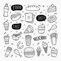 Fast food doodles hand drawn line art style object elements vector