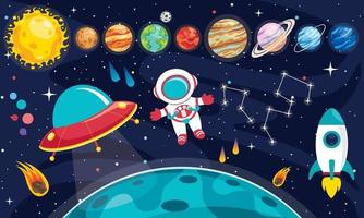 sistema solar para niños. lindos personajes de sol y planetas en estilo de  dibujos animados sobre fondo de espacio oscuro. ilustración vectorial para  jardín de infantes y educación científica escolar 2143607 Vector