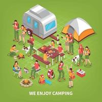 Expedición camping cartel isométrico ilustración vectorial vector