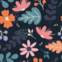 Flowers, plants, berries. Vector seamless pattern in flat style on dark blue background