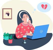 An unhappy girl is sad to learn about the breakup of a relationship on the computer vector