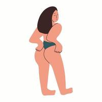 Plus size model in underwear. A girl with a curvy shape shows off her body. Body positive. Vector flat illustration