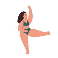 Model plus size in underwear. A girl with curvy forms is engaged in fitness. Body positive. Vector illustration