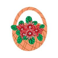 Flowers in a wicker basket. Flower basket isolated on a white background. Bouquet of spring wildflowers.Vector flat cartoon illustration. vector