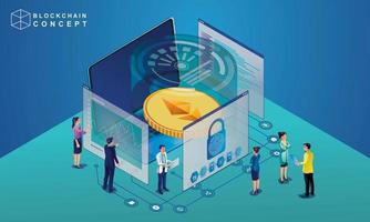 Concept of Block chain technology data analysis for investors marketing solutions or financial performance crypto currency statistics concept illustration modern flat design isometric vector