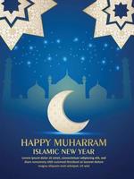 Flyer de fiesta de celebración de muharram feliz con patrón de luna y mezquita vector