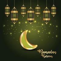 Ramadan kareem invitation greeting card with islamic golden lantern vector