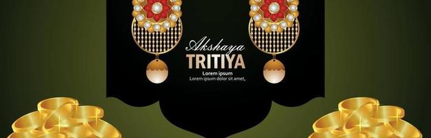 Akshaya tritiya invitation banner with gold coin and gold earings vector