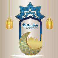 Tarjeta de felicitación de celebración del festival islámico de Ramadán Kareem con luna y linterna de patrón árabe vector
