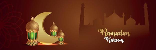 Ramadan kareem vector illustration on creative realistic background with creative islamic lantern and pattern moon