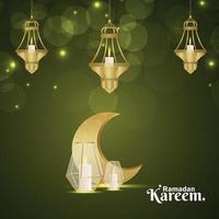 Eid mubarak or ramadan kareem celebration vector illustration and background with golden moon and lantern