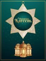 Ramadan kareem invitation party flyer with realistic islamic lantern on pattern background vector