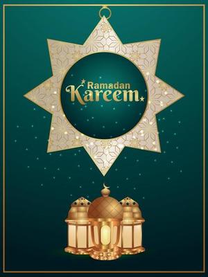 Ramadan kareem invitation party flyer with realistic islamic lantern on pattern background