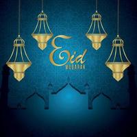 Eid mubarak or ramadan mubarak islamic background with arabic islamic golden lantern on pattern background vector