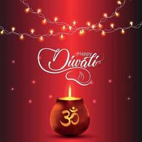 Happy diwali indian festival background with glowing om kalash and diwali lights vector