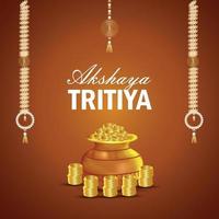 Akshaya tritiya indian festival of jewellery sale promotion with gold coin pot and traditional kalash vector