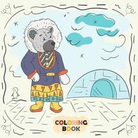 Ilustración de contorno de color de libro para niños pequeños en el estilo de oso de peluche de doodle con el traje nacional del esquimal vector
