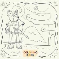 Coloring book for young children contour illustration in the style of doodle Teddy bear in the national Japanese samurai costume vector