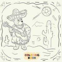 Coloring book for young children contour illustration in the style of doodle Teddy bear with a guitar in the national costume of a Mexican vector