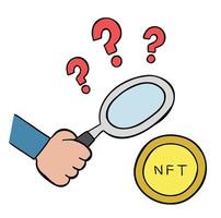 Cartoon Vector Illustration Of Looking At Nft Crypto Art With A Magnifying Glass And Question Marks