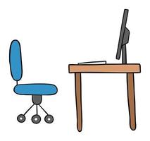 Cartoon Vector Illustration of Desk with Chair Monitor and Computer