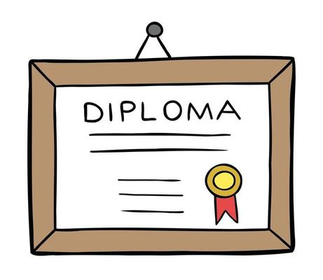 Cartoon Vector Illustration of Framed Diploma Hanging On the Wall