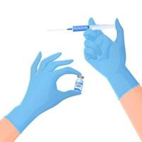 manos en guantes protectores azules sosteniendo un frasco con medicamento y jeringa vector
