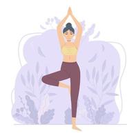 Chica de día de yoga en pose de árbol sobre fondo abstracto de flores y hojas se puede utilizar para la red social web concepto de deporte de pilates de salud